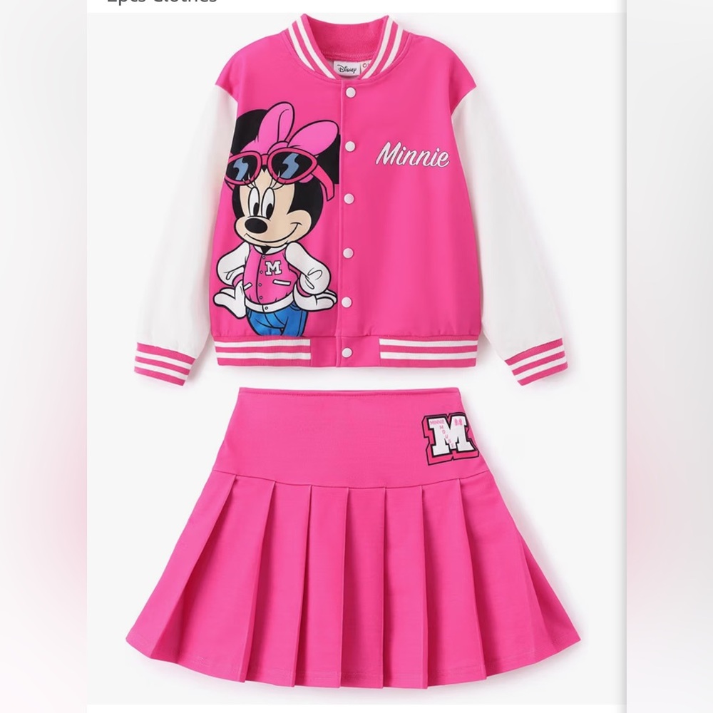 NWT Disney Bright Pink Minnie Varsity Jacket and Pleated Skirt Set